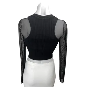 Zara Black Ribbed Knit Mesh Sheer Long Sleeve High Neck Slim Crop Shirt Top Sz S thumbnail 2
