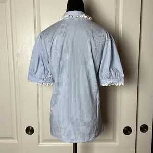 Dainty Blue Pinstripe Lace Trim Button Up Collared Blouse thumbnail 3