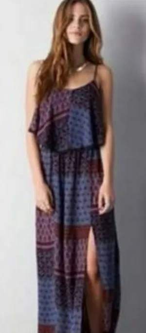 American Eagle Boho Strappy Maxi Dress in Navy and Burgundy Size Small Slit In M thumbnail 1