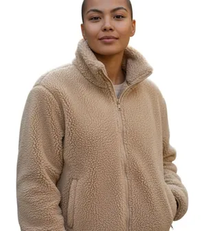 Cozy Teddy Sherpa Zip-Up Jacket Beige Fuzzy Fleece Coat Gorpcore Winter L thumbnail 1