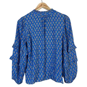 LOFT Paisley Print Split Neck Blouse Blue Boho Tiered Ruffle Sleeve Size XSP thumbnail 3