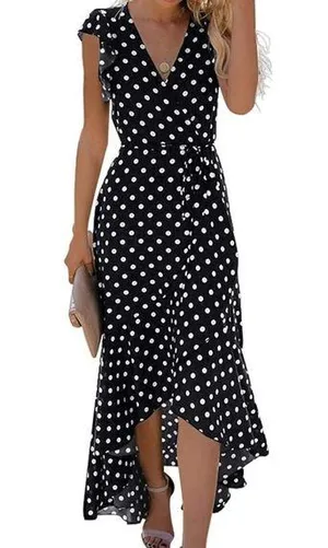 GRECERELLE Polka Dot High Low Faux Wrap Flowy High Low Maxi Dress Black White XL thumbnail 1