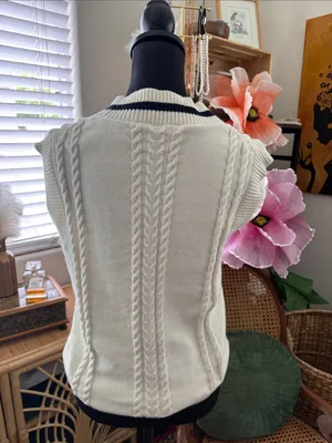Aritzia Sunday Best Cream & Navy Cable Knit Wool Blend Heritage Sweater Vest thumbnail 2
