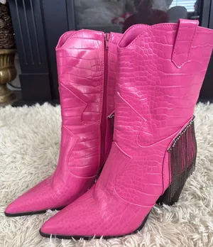 Hot Pink Crocodile Embossed Heeled Cowboy Boots Rhinestone‎ Fringe Women 8 NWOT thumbnail 1