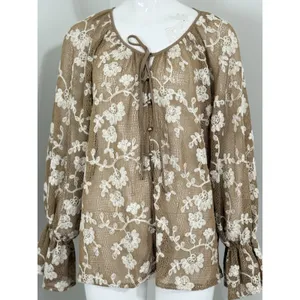 Y2k Sheer Mesh Floral Blouse Long Sleeve Embroidered Women XL Floral Cottagecore thumbnail 5