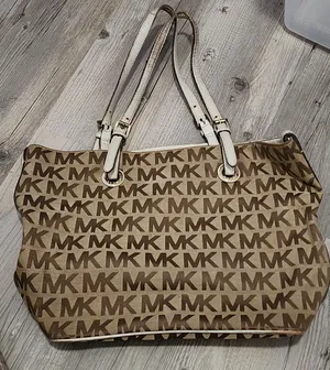 MIchael Kors Signature Jet Set Logo Canvas Shoulder Tote Bag Mocha‎ Leather Trim thumbnail 1