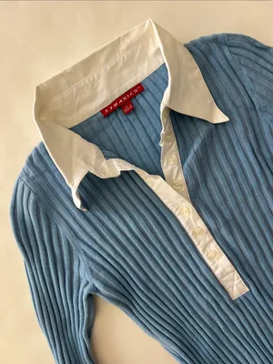 JJ Basics Vintage 90s Aqua Blue Thick Ribbed White Collar Longsleeve Top Large thumbnail 3