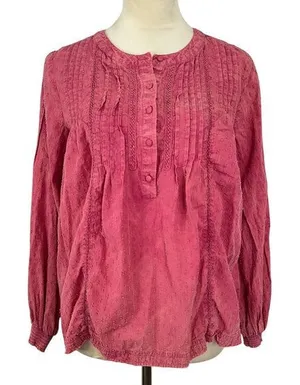 Anthropologie Pilcro Swiss Dot Peasant Blouse Long Sleeve Button‎ Front Pink XS thumbnail 1