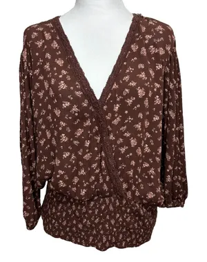 Maurices Boho Floral Blouse Brown Smocked Waist Surplice Neck‎ Cottagecore XXL thumbnail 1