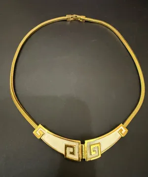 Vintage Signed TRIFARI Gold-tone Off White Enameled Greek Key Style Necklace thumbnail 1