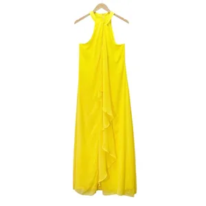 NWT Meghan LA Aphrodite Maxi Dress Size Medium Yellow Halter Ruffle Slit Gown thumbnail 2