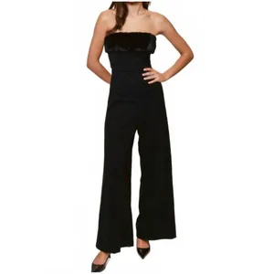 Anthropologie Hutch Faux Fur Trim Strapless Black Jumpsuit Size 14 Wide-Leg thumbnail 2