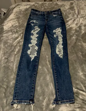 American Eagle Outfitters Dark Blue Distressed Hi Rise Jegging Skinny Jeans thumbnail 1