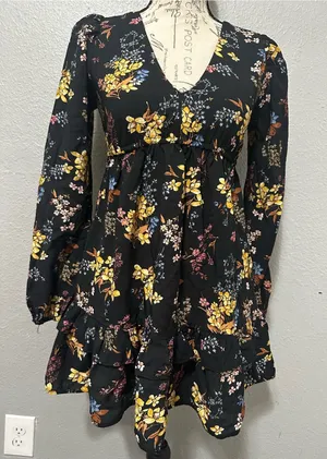 Abercrombie & Fitch black floral mini dress with yellow, blue, and pink flowers thumbnail 1