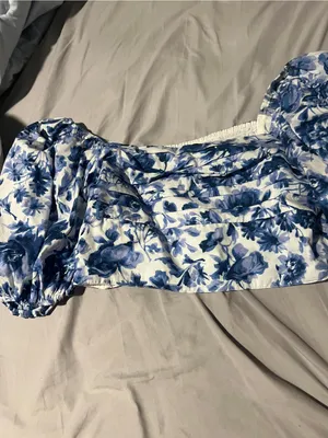 Abercrombie & Fitch Blue Floral‎ Puff Sleeve Crop Top Smocked Pleated L thumbnail 10