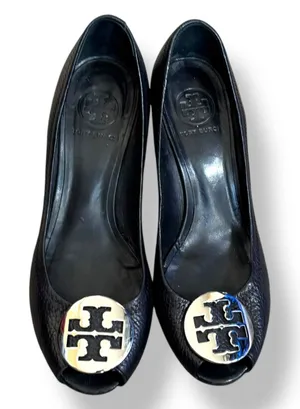 Tory Burch Sally Black‎ Pebbled Leather Wedge Peep Toe Pumps Gold Medallion Logo thumbnail 1