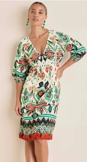 VENUS Printed V-Neck Midi Dress in Green, Cream & Orange thumbnail 1