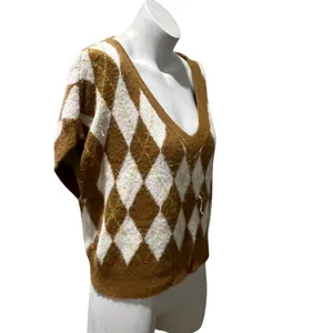 Free People Sweater Vest Womens Petite S Brown Ivory Argyle V-Neck Fuzzy thumbnail 3