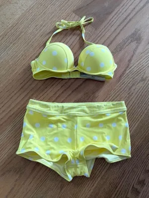 Frankie's Bikinis Yellow & White Polka Dot Halter Bikini Set thumbnail 1