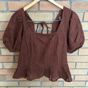 NWT Band of the Free Smocked Peplum Crop Cotton Eyelet Lace Top Brown Size Large thumbnail 1