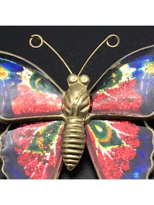 Vintage Gold Tone Butterfly Brooch Pin Colorful Foil Resin Wings 1.25” thumbnail 2