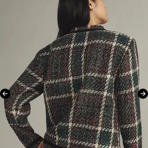 Anthropologie Plaid Bouclé Collarless Jacket in Teal, Black, White, Pink thumbnail 3