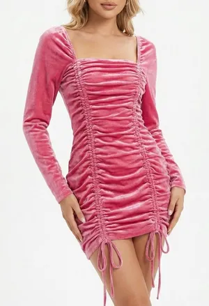 Target Wild Fable Pink Velvet Ruched Long Sleeve Square Neck Bodycon Mini Dress Size Xl thumbnail 1