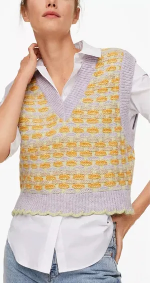 Mango Knit Sweater Vest Scallop Hem Pastel‎ Purple Yellow Size Small thumbnail 1