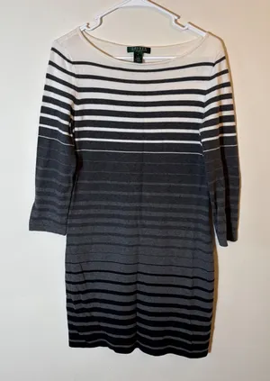 Lauren Ralph Lauren Dress Striped Knit Sweater Gray‎ White Size Medium thumbnail 1