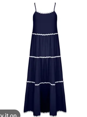 BTFBM Tiered Midi Dress Navy/ White Rick Rack Trim adjustable straps size Small thumbnail 15