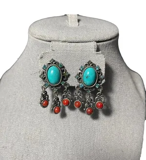 Turquoise & Coral-Red Stone Clip-On Earrings unmarked vintage y2k boho chic thumbnail 1