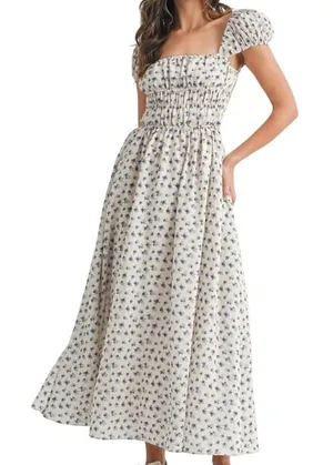 MABLE Analise Floral Smocked Open Back Lace Up‎ Maxi Dress Cream Blue Size Small thumbnail 1