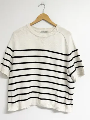Abercrombie & Fitch Madeline Striped Short Sleeve Sweater XL Cream Black thumbnail 2