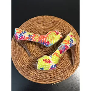 Tropical Peep Toe Platform Pumps Hawaiian‎ Leaf Print Multicolor Heels Size 9M thumbnail 5