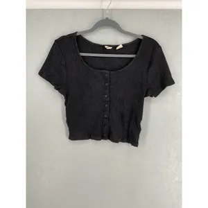 Levi's Womens Crop Top Black Ribbed Button Front Scoop Neck Large thumbnail 2
