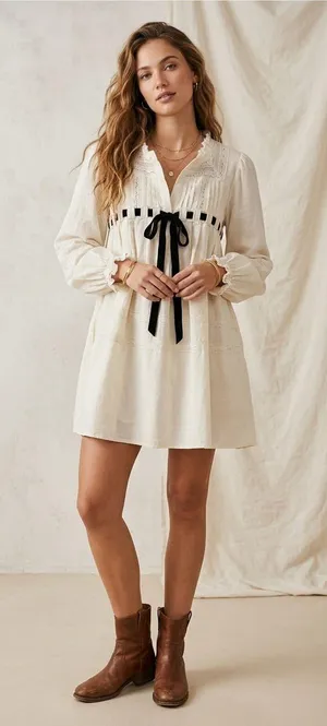Free People Ivory Mini Dress with Black Ribbon Accent thumbnail 1