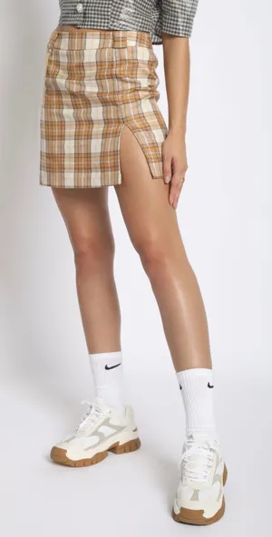 Sans Souci Lurex Plaid Mini Skirt with Front Slit - Beige & Cream Size Medium thumbnail 1