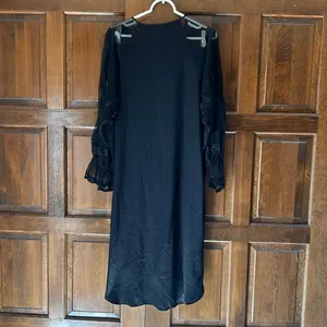 Vtg Natori Black Satin‎ Lounger Gown Sheer Floral Lace Sleeves Small S7207G 90s thumbnail 7