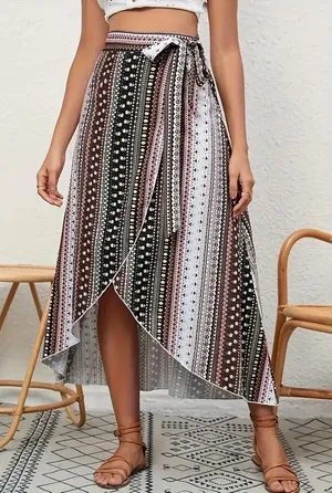Women's True Wrap Maxi Skirt White Black Brown Pink Floral Geometric Boho Gypsy thumbnail 1