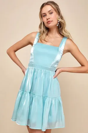 Lulus Thriving Darling Shiny Teal Blue Sleeveless Tiered Mini Dress XL Cocktail thumbnail 1