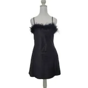 Thirty Thirty LA Black‎ Satin Feather Trim Mini Dress Womens Large 6DWAW554 thumbnail 3