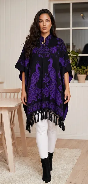 Artesanía San Martin Handmade Purple/black Peacock Print Poncho With Fringe. OS thumbnail 1