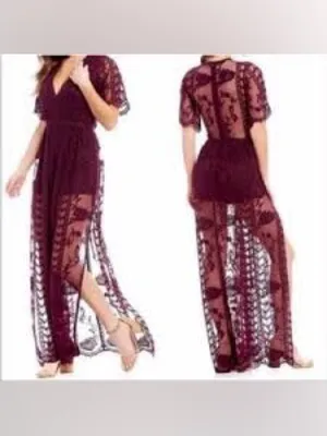 Gianni Bini Deep V-Neck Floral Embroidered Mesh Maxi Romper thumbnail 2