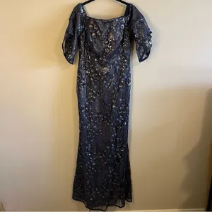 Aidan Mattox Blue Sequin Off the Shoulder‎ Dress Gown Long 6 thumbnail 2
