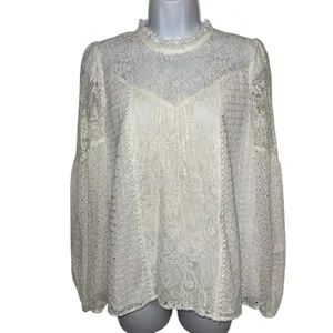 WHITE HOUSE BLACK MARKET White‎ Mock Neck L/S Eyelet Lined Blouse EUC Size 4 thumbnail 2