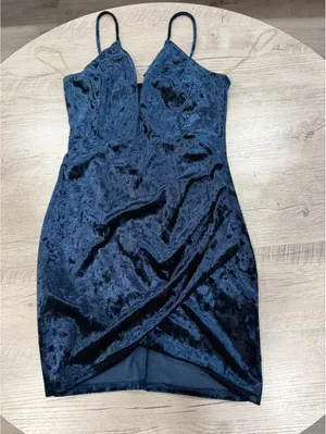 Windsor Navy Blue Velvet Bodycon Dress Ruched Wrap Mini Spaghetti Strap Deep V Cocktail thumbnail 9