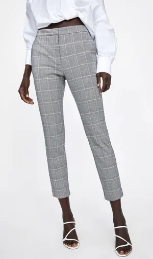 Zara‎ Basic Gray Checkered Plaid Pants Elastic Back Waist thumbnail 1
