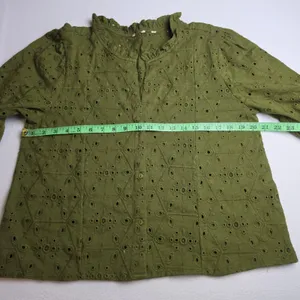 Unbranded 56R Olive‎ Green Eyelet Lace Ruffle Neck Puff Sleeve Cotton Blouse L thumbnail 4