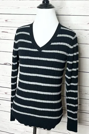 Merona Black & Gray Striped V Neck Pullover Sweater Top Size Small thumbnail 1