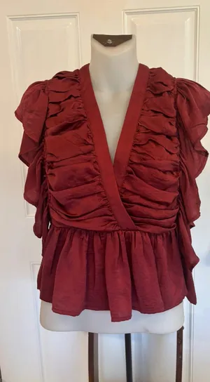 Large Entro solid burgundy ruched/ruffled peplum flutter sleeveless top. thumbnail 1